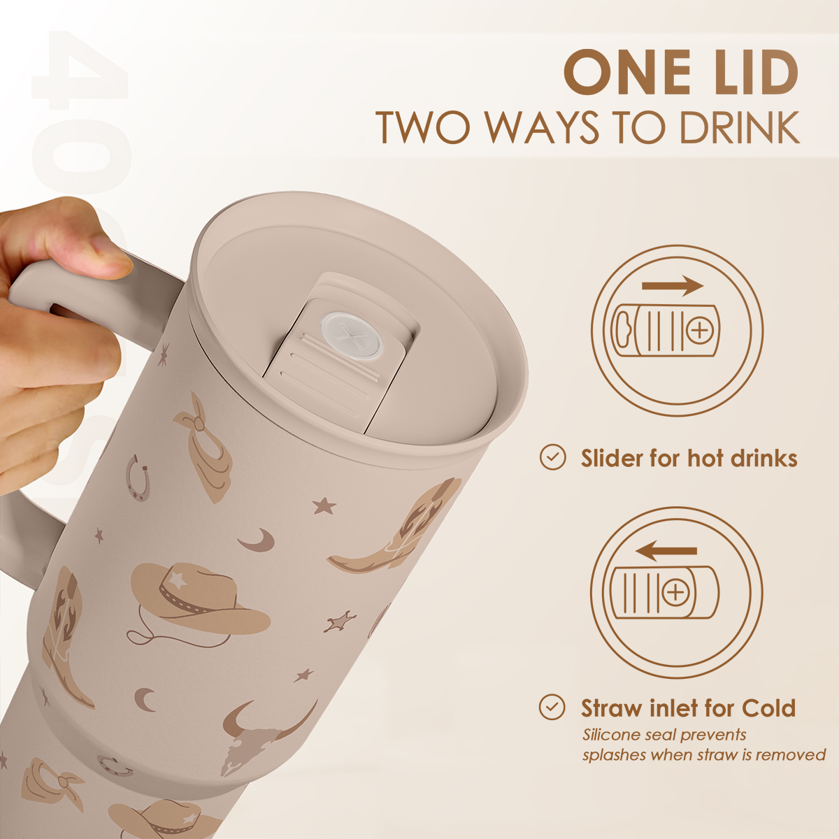 40oz cowgirl slider tumbler with handle, tan cowboy pattern, dual-use lid