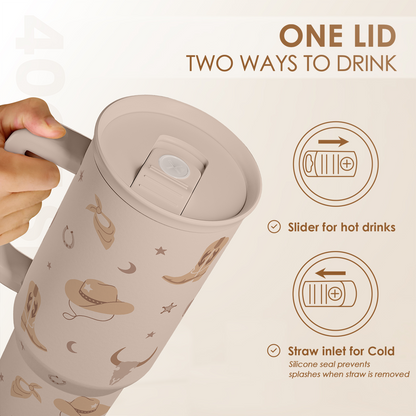 40oz cowgirl slider tumbler with handle, tan cowboy pattern, dual-use lid