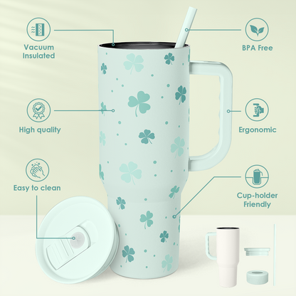 Mint green 40oz slide tumbler with lid open, shamrock clover pattern, straw in place