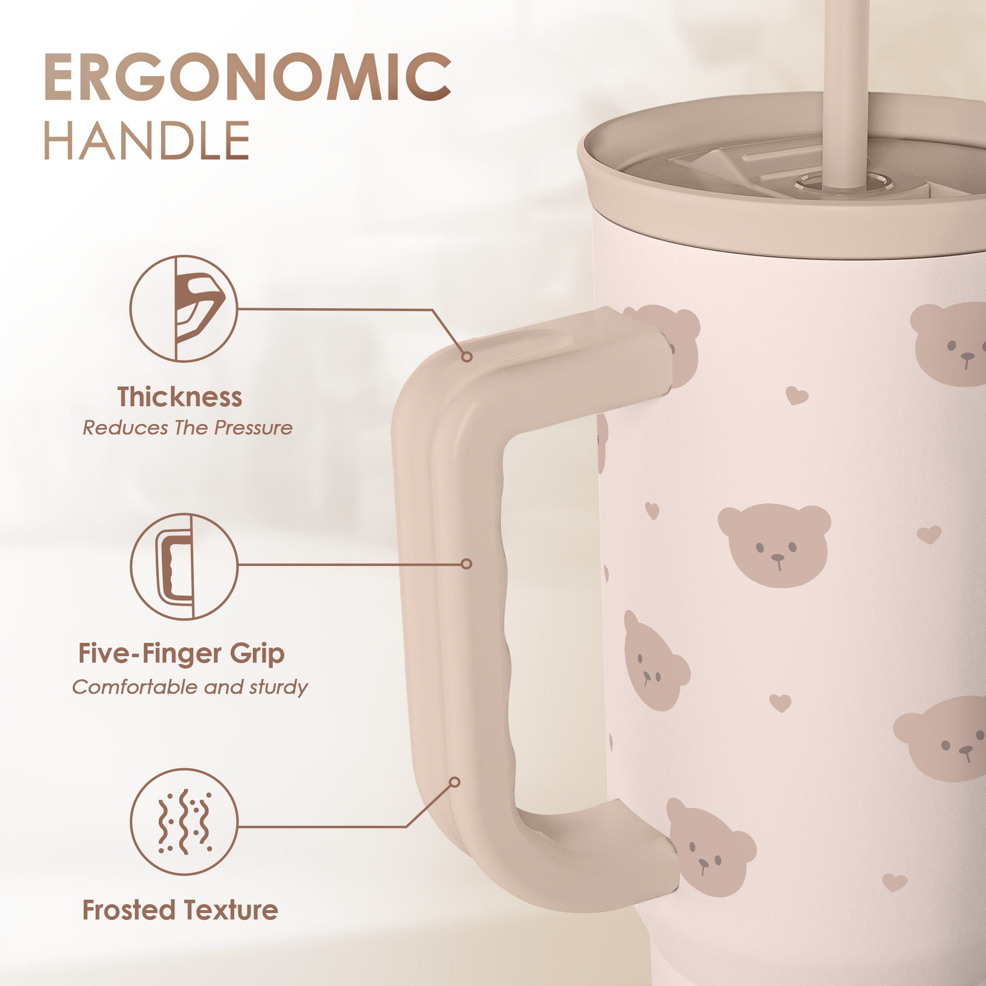 40oz slider tumbler with handle in beige, brown bear print, curved grip handle