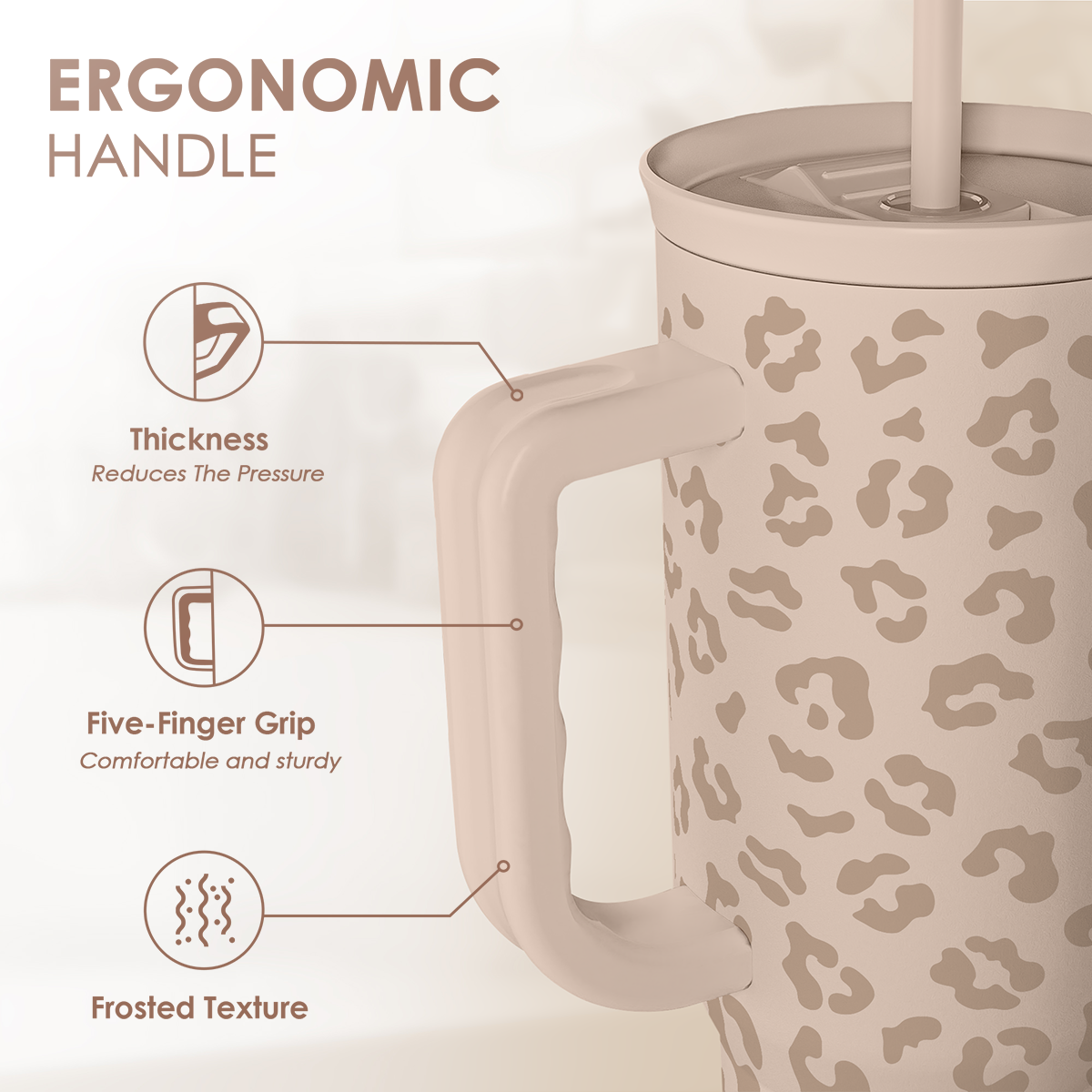 Leopard-print 40 oz tumbler with ergonomic handle and straw lid, beige tan spots