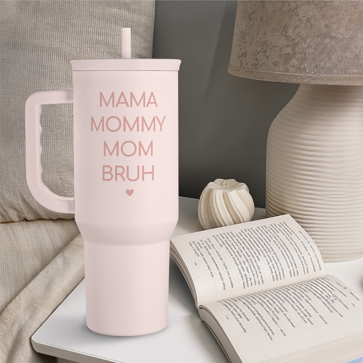 Pink 40oz slider tumbler with handle, “MAMA MOMMY MOM BRUH” design on front
