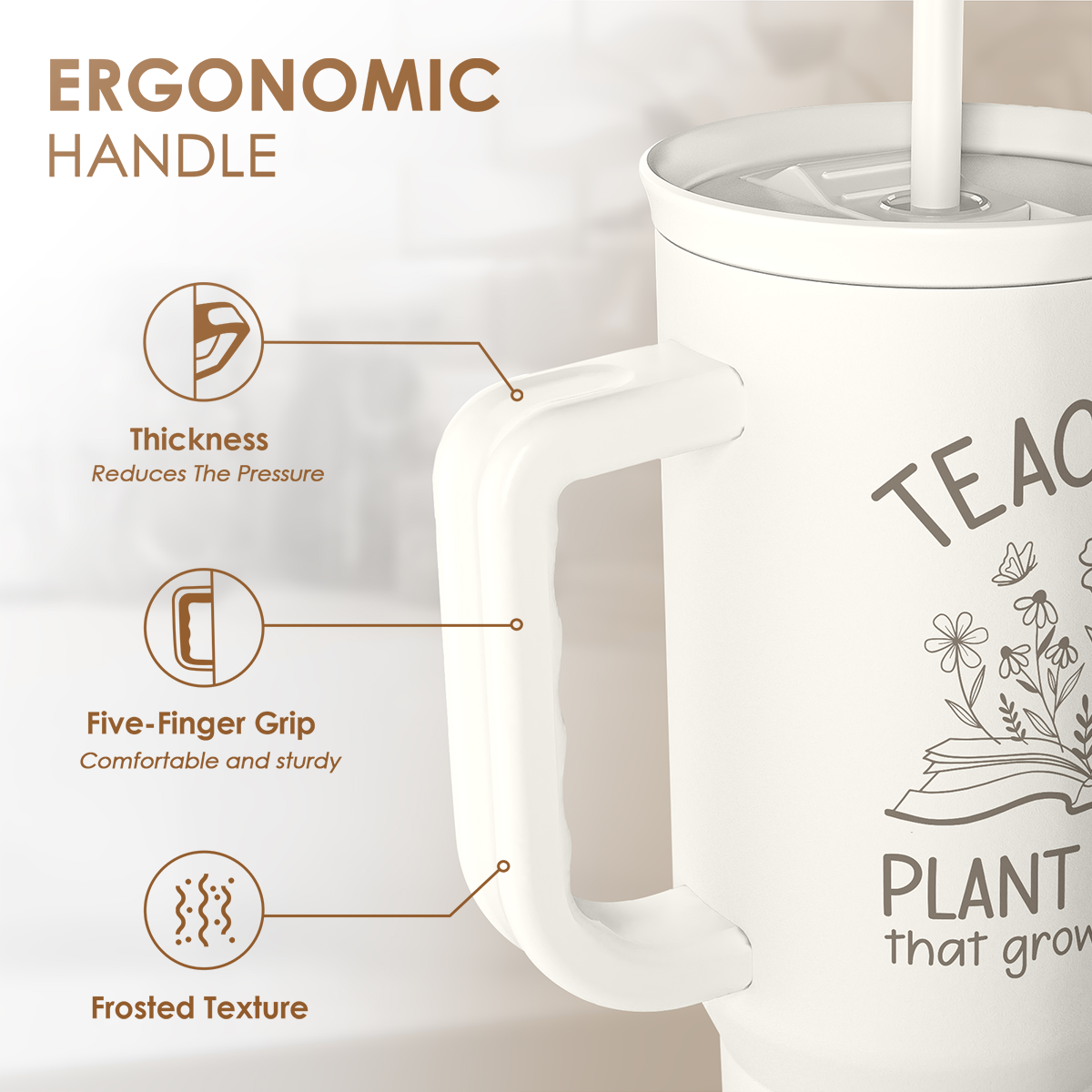 White tumbler handle with ergonomic grip, frosted texture lid, and straw