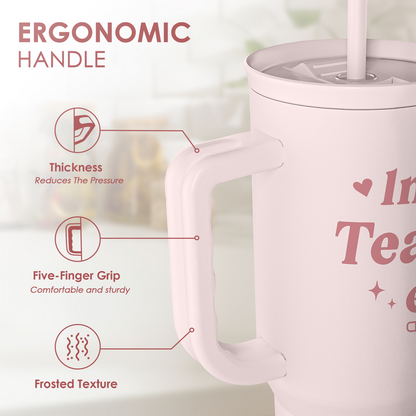 Pink 40oz tumbler with ergonomic handle, five-finger grip, and frosted texture