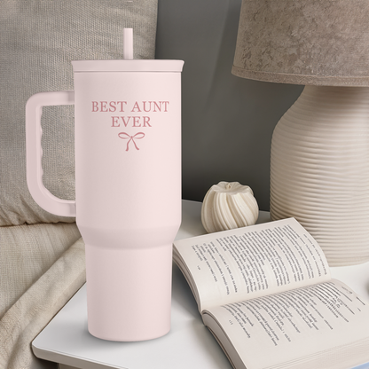Pink 40oz slider tumbler with handle and straw; “Best Aunt Ever” logo on front