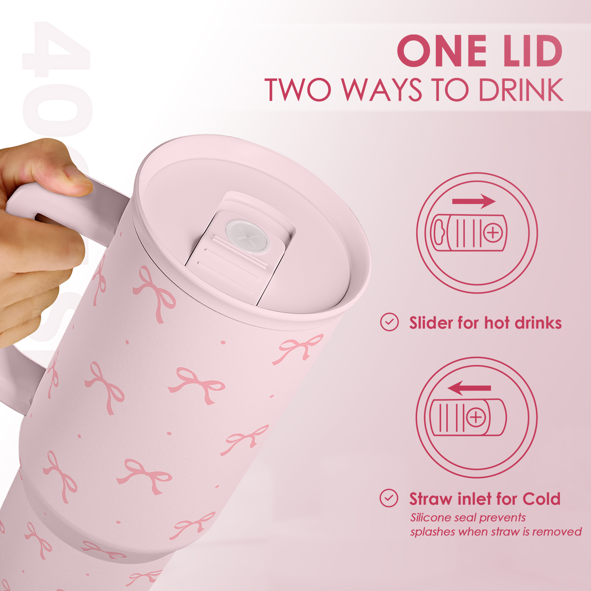 Pink tumbler lid with slider opening and straw inlet, bow pattern