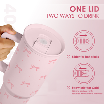 Pink tumbler lid with slider opening and straw inlet, bow pattern
