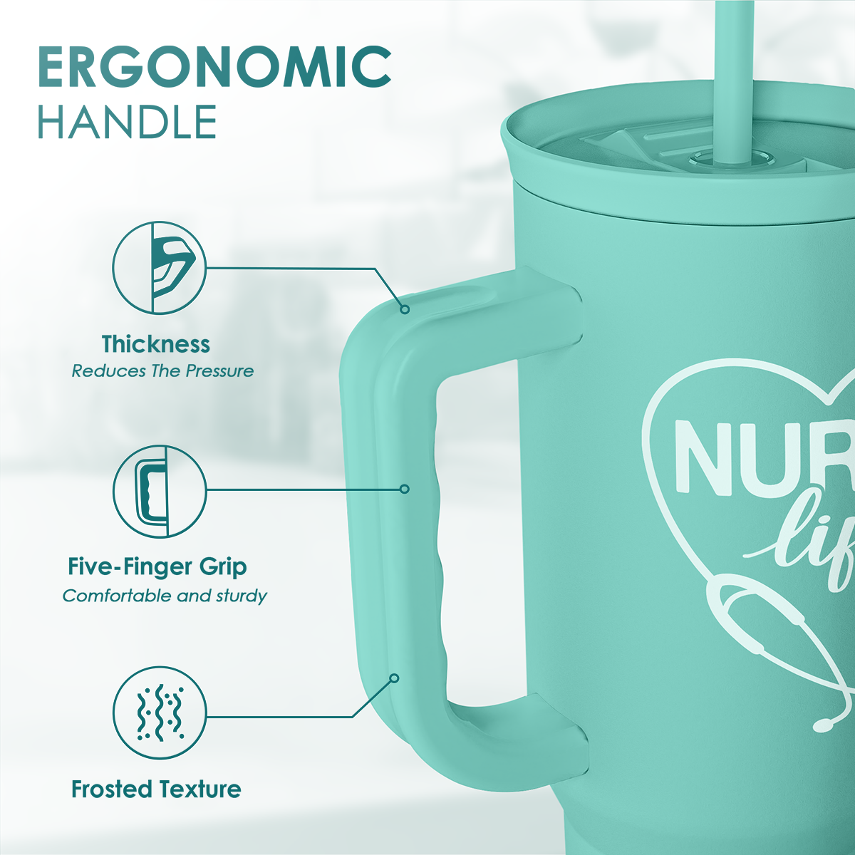 Mint tumbler with ergonomic handle and five-finger grip on the side