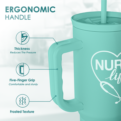 Mint tumbler with ergonomic handle and five-finger grip on the side
