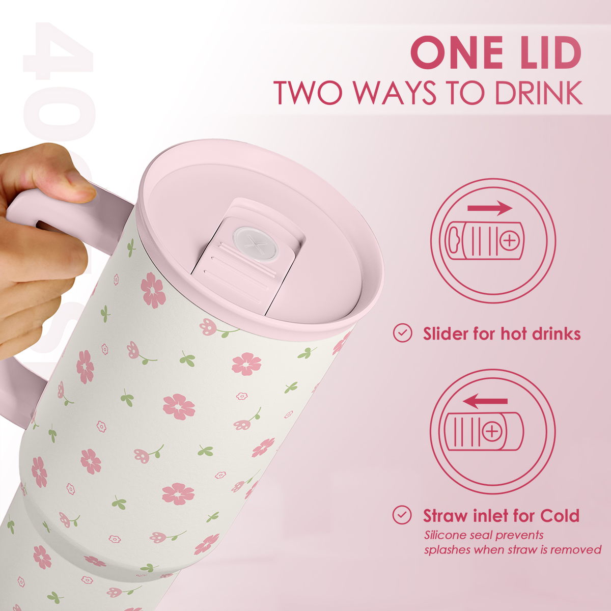 Pink floral 40oz tumbler with slide lid for straw inlet and hot-drink opening