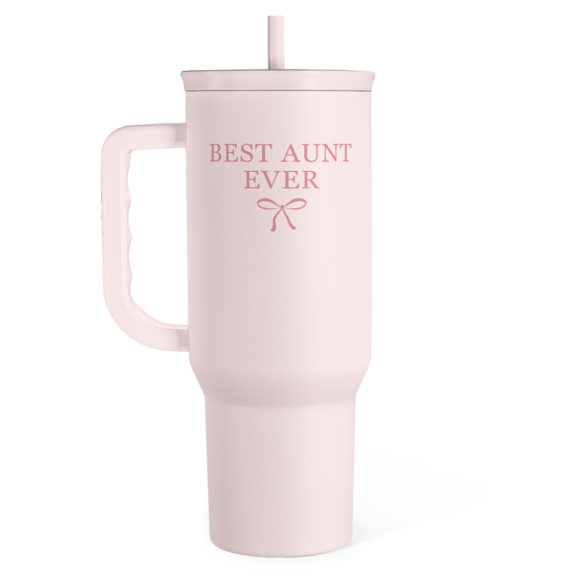 Pink 40oz slider tumbler with handle and straw, “Best Aunt Ever” print on front