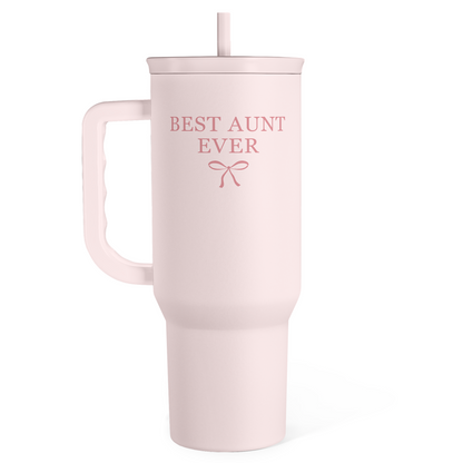 Pink 40oz slider tumbler with handle and straw, “Best Aunt Ever” print on front
