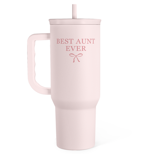 Pink 40oz slider tumbler with handle and straw, “Best Aunt Ever” print on front