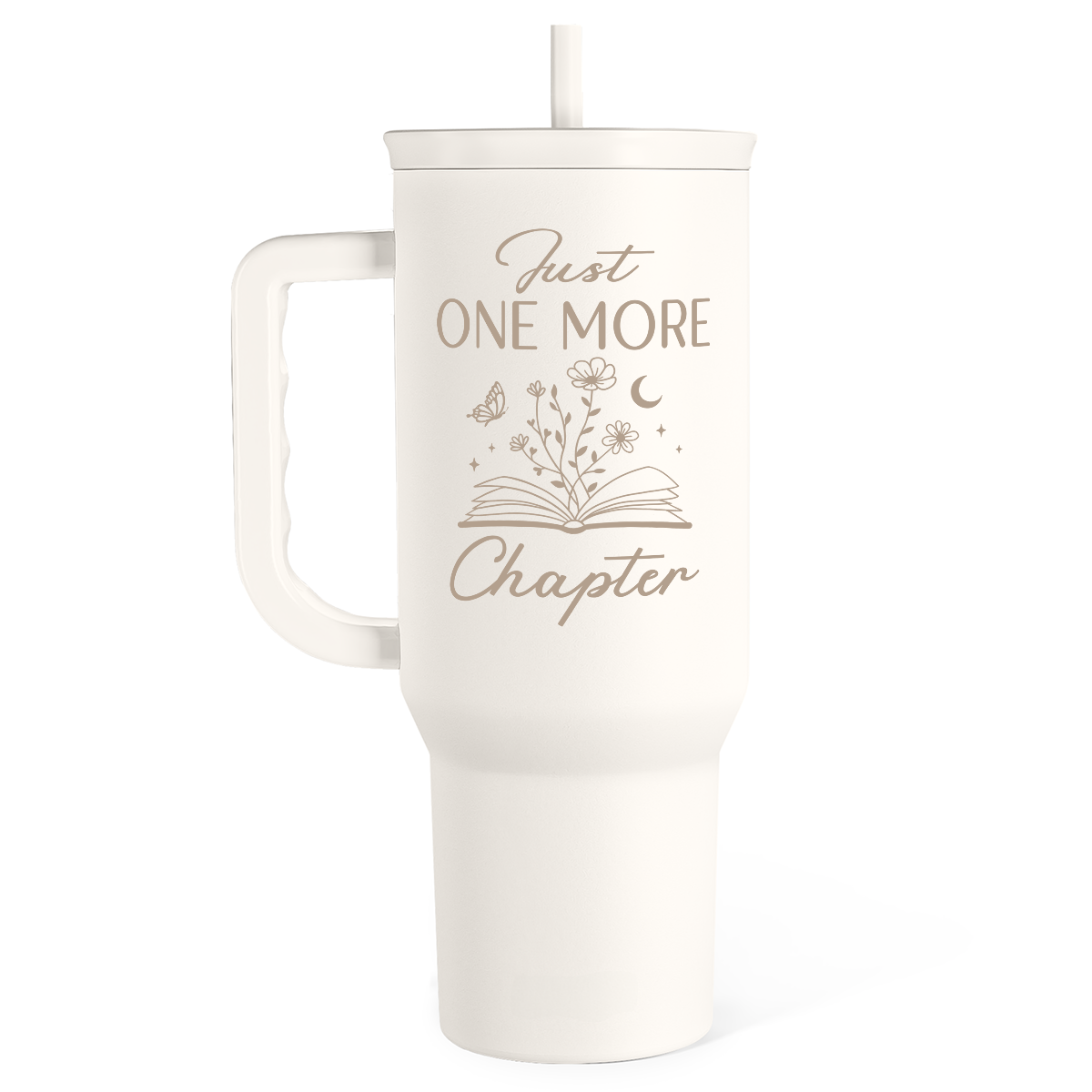 40oz white insulated slider tumbler with handle and straw, book-themed floral print