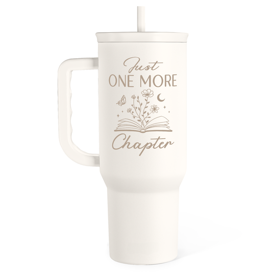 40oz white insulated slider tumbler with handle and straw, book-themed floral print