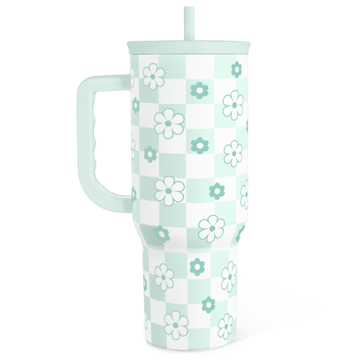 40oz mint checker daisy insulated tumbler with handle and clear straw lid