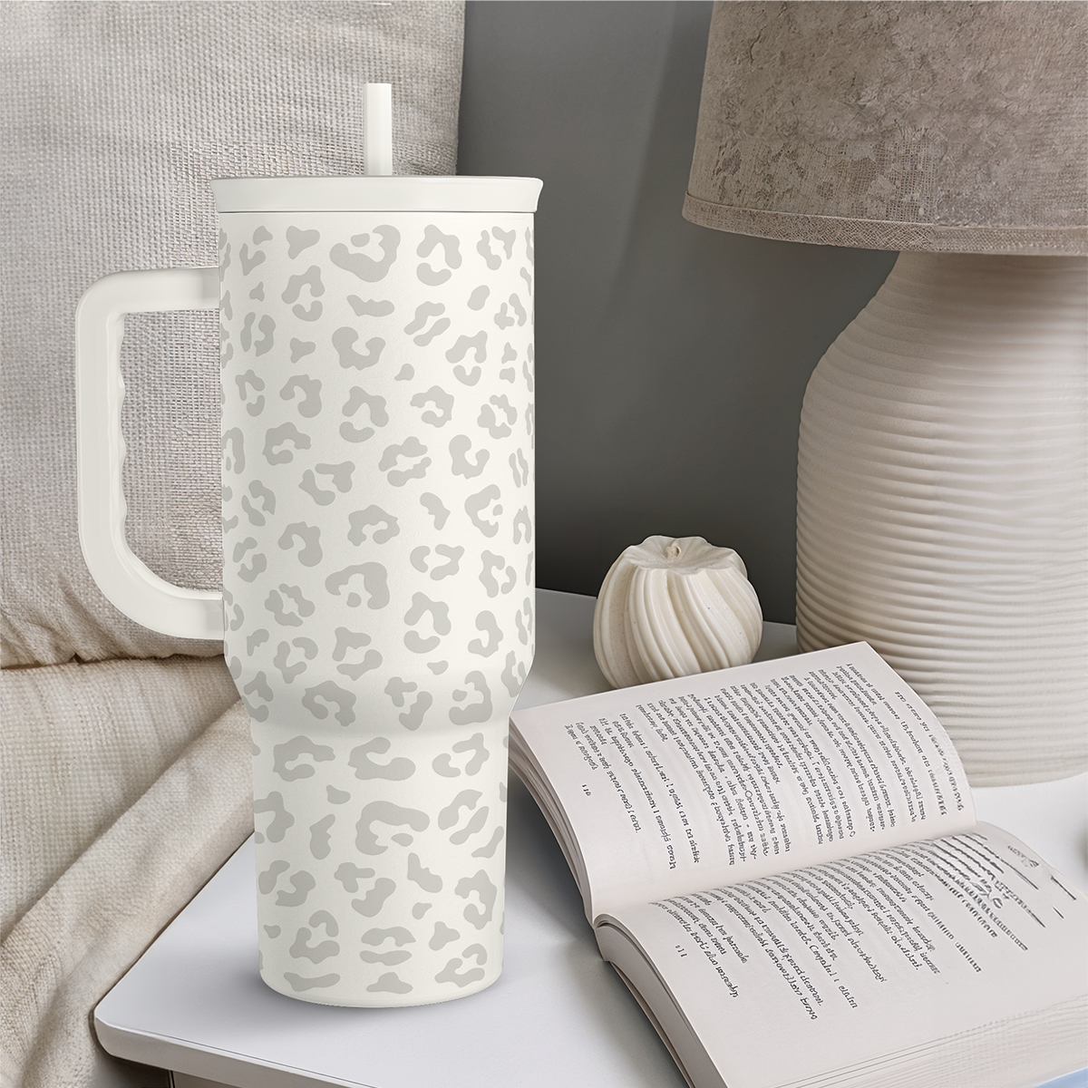 40oz white tumbler with gray leopard print and side handle, with straw
