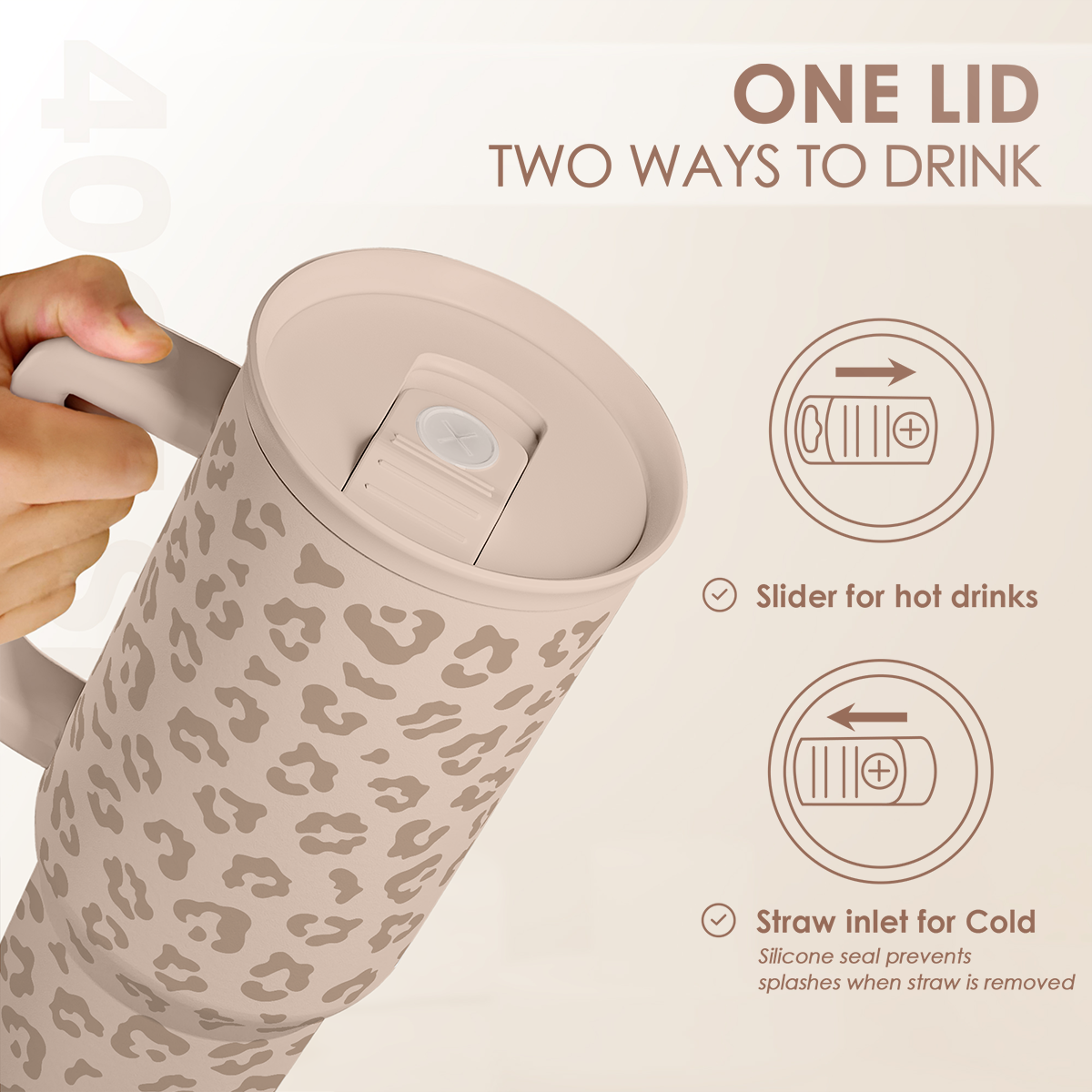 Leopard-print 40 oz tumbler with sliding lid for straw and cup-drink
