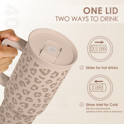 Leopard-print 40 oz tumbler with sliding lid for straw and cup-drink