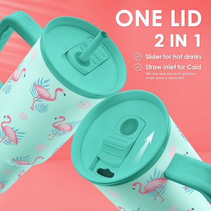 Mint Slidemate tumbler with flip slider lid and straw, flamingo pattern, mint handle