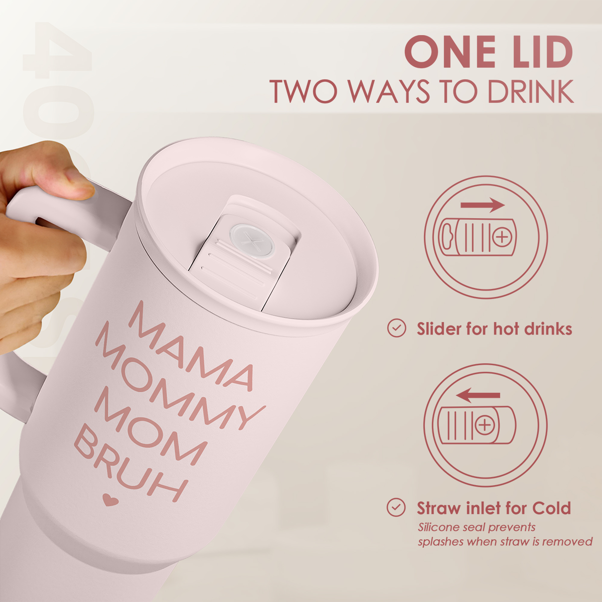 Pink 40oz slider tumbler with lid open, showing straw inlet and slider for drinks