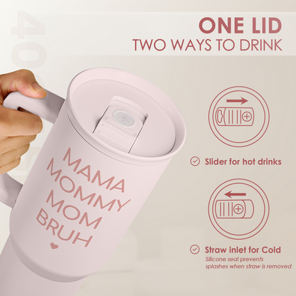 Pink 40oz slider tumbler with lid open, showing straw inlet and slider for drinks