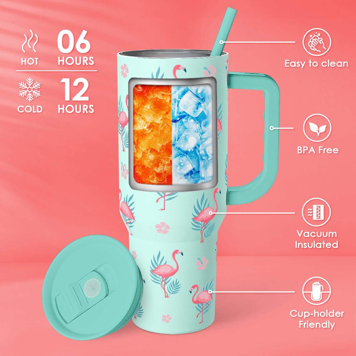 Mint Slidemate slider tumbler with handle, straw lid, flamingo pattern