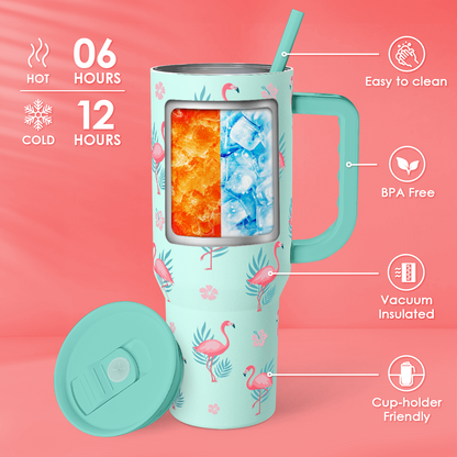 Mint Slidemate slider tumbler with handle, straw lid, flamingo pattern