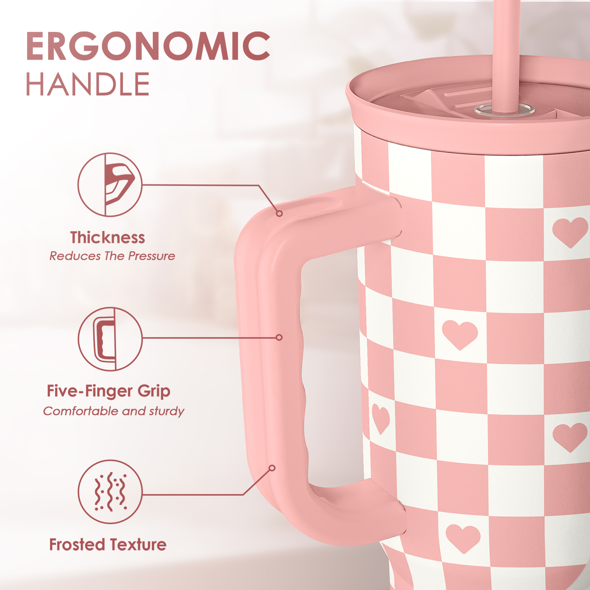 Tumbler with coral checker heart wrap and ergonomic handle, pink straw and lid
