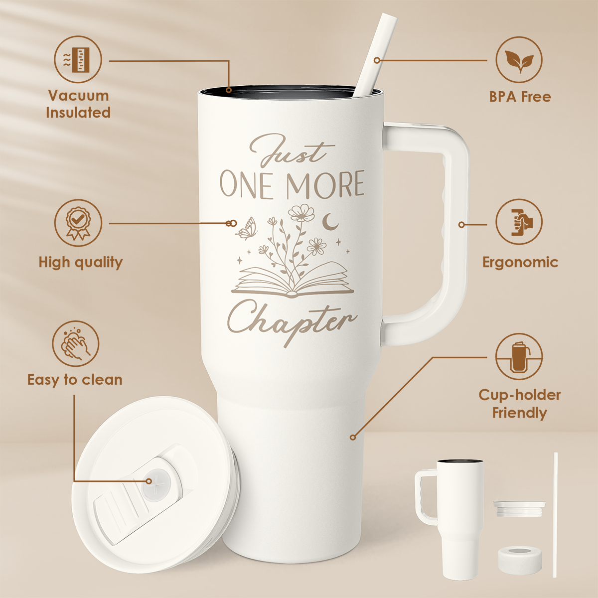 40oz white insulated tumbler with handle, slide lid, and straw opening details