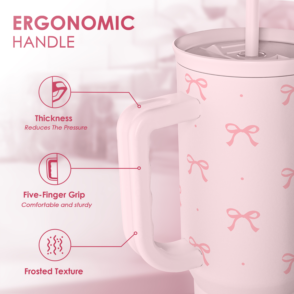 Pink tumbler with ergonomic handle and straw, bow pattern all over