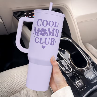 Lavender 40oz tumbler with handle and straw, held in a hand
