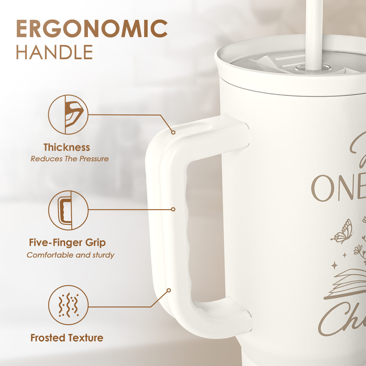 40oz white tumbler with ergonomic handle grip and frosted lid texture, anti-slip design