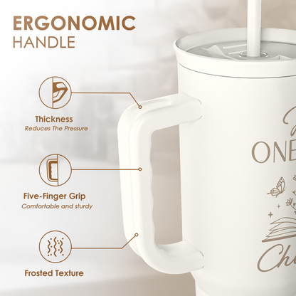 40oz white tumbler with ergonomic handle grip and frosted lid texture, anti-slip design