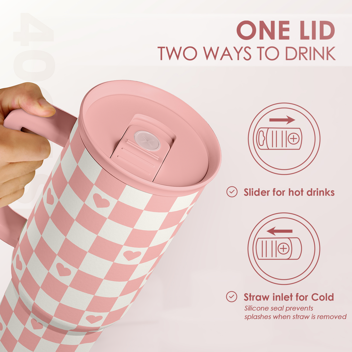 Coral checker heart tumbler lid with two-way slider opening and straw inlet