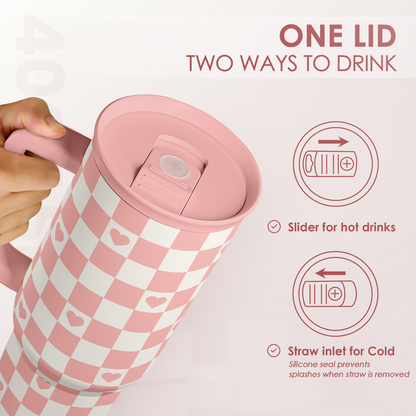 Coral checker heart tumbler lid with two-way slider opening and straw inlet