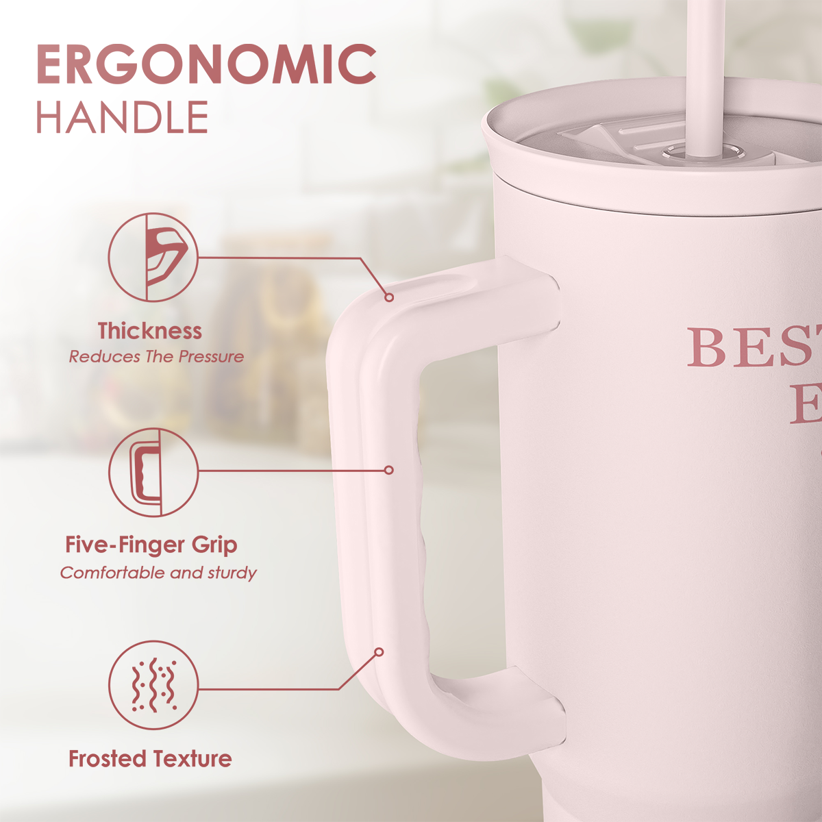 Pink 40oz tumbler with ergonomic handle and frosted grip, straw in lid; “Best Aunt Ever”