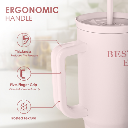Pink 40oz tumbler with ergonomic handle and frosted grip, straw in lid; “Best Aunt Ever”