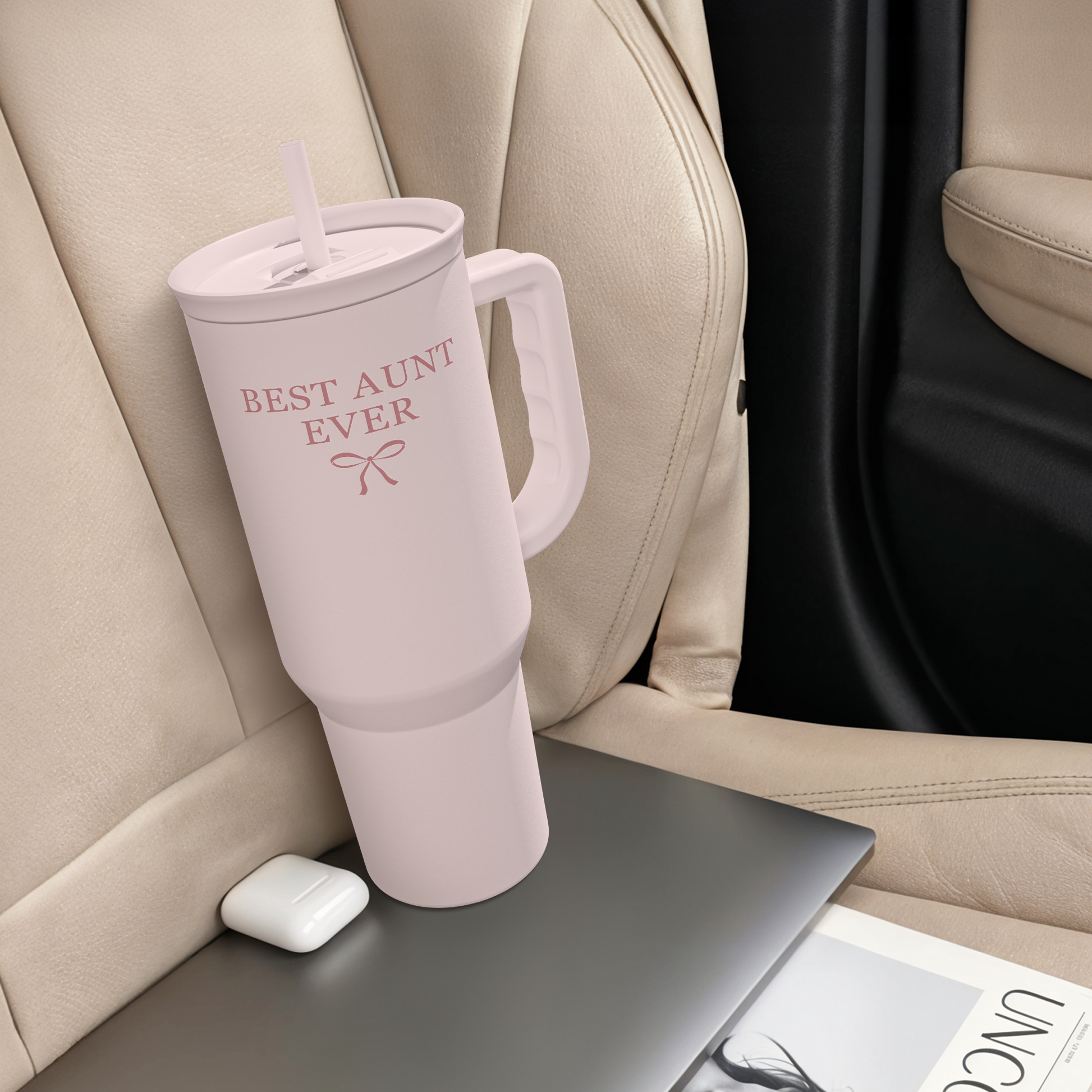 Pink 40oz tumbler with handle and straw, “Best Aunt Ever” front panel
