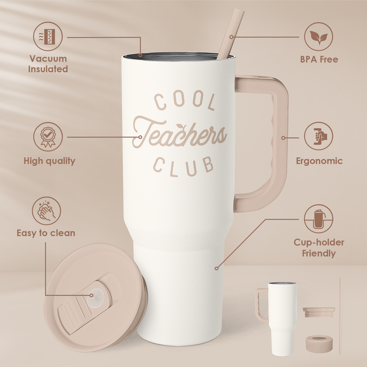 White 40oz slider tumbler with handle, straw, and “Cool Teachers Club” text