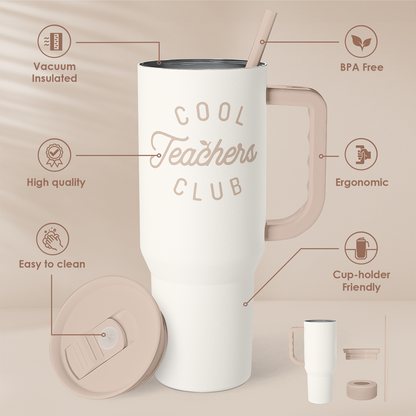 White 40oz slider tumbler with handle, straw, and “Cool Teachers Club” text