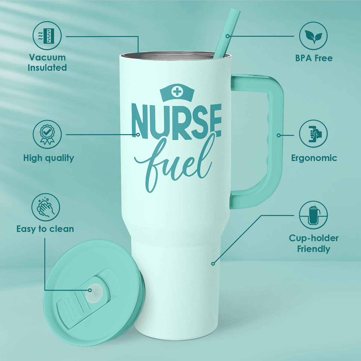 Mint 40oz insulated tumbler with straw, handle, and easy-clean design