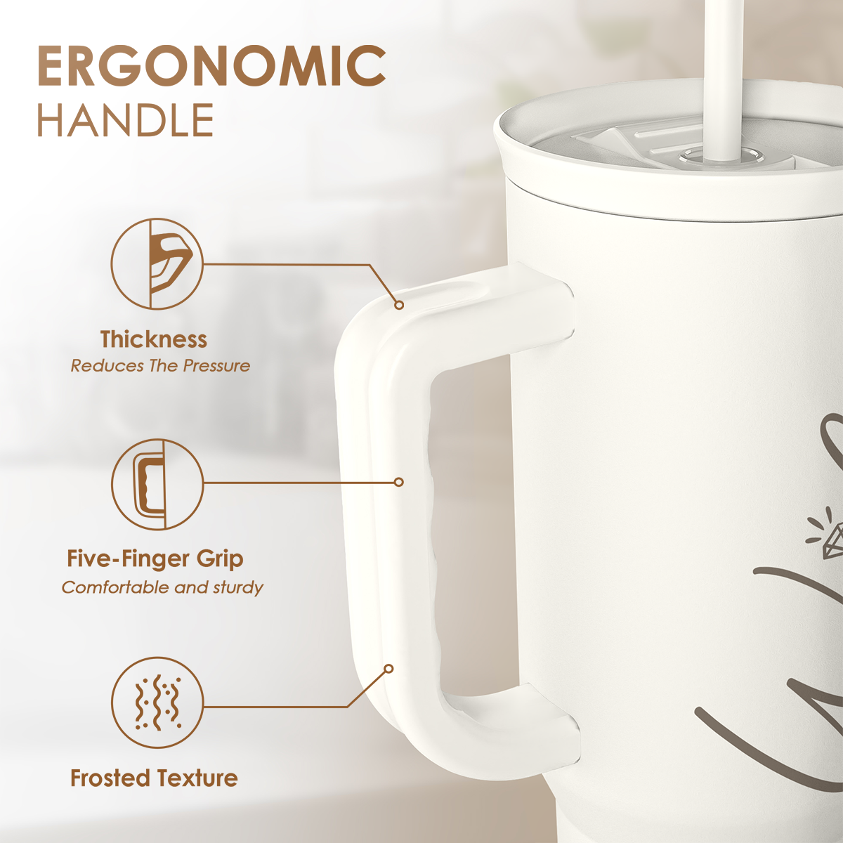 White tumbler with ergonomic handle, slide lid and wife print on frosted surface