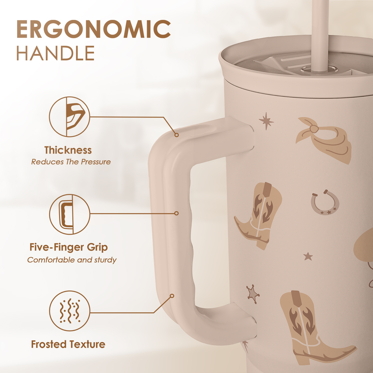Ergonomic-handle 40oz slider tumbler with cowboy pattern and straw