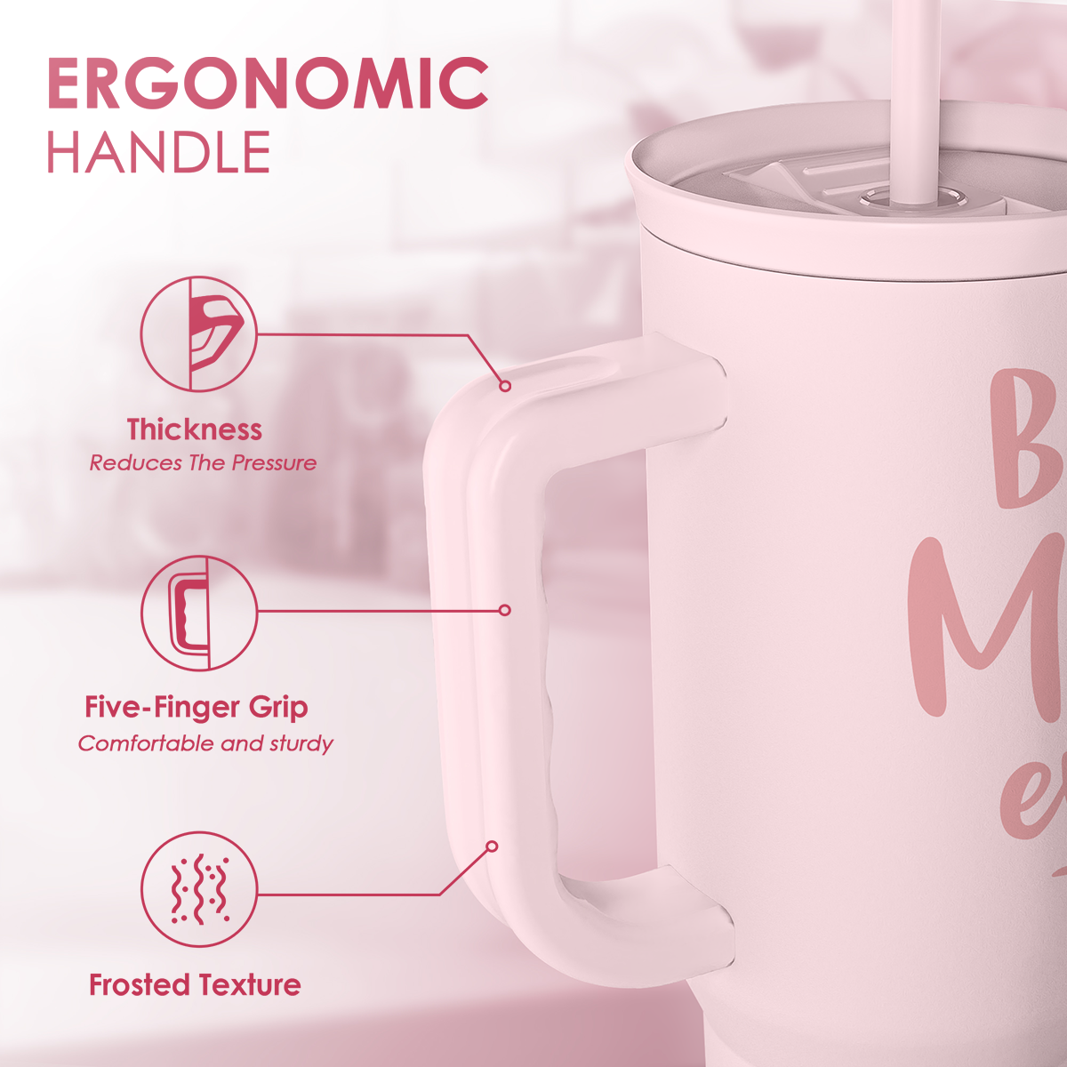 Pink tumbler handle with five-finger grip and frosted texture, 'Best Mom ever' print