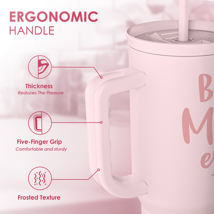 Pink tumbler handle with five-finger grip and frosted texture, 'Best Mom ever' print