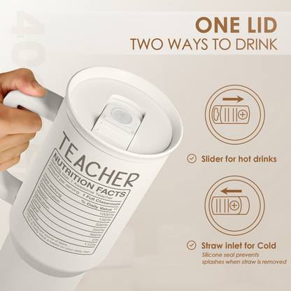 White tumbler with slide lid, straw inlet, and TEACHER nutrition facts label