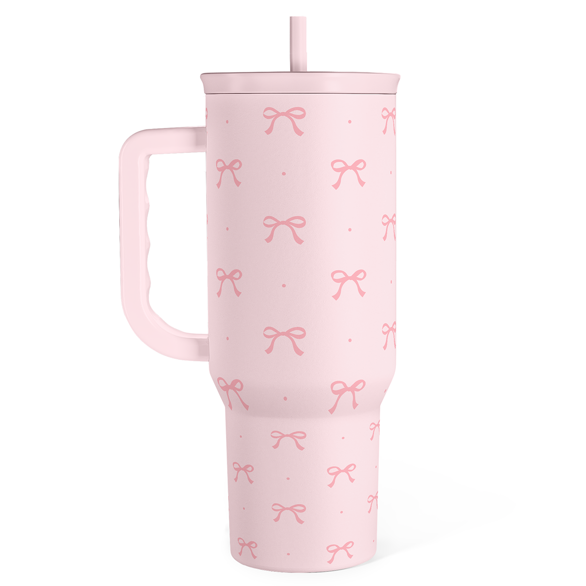 Pink 40oz tumbler with handle and lid, bow pattern and matching straw
