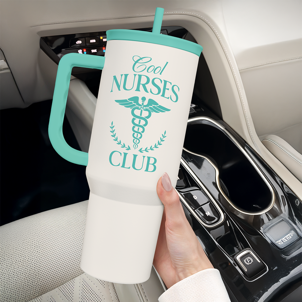 40oz mint tumbler with handle and straw, Cool Nurses Club graphic