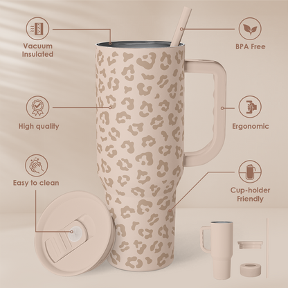 Leopard-print 40 oz tumbler with handle, straw, and removable lid parts